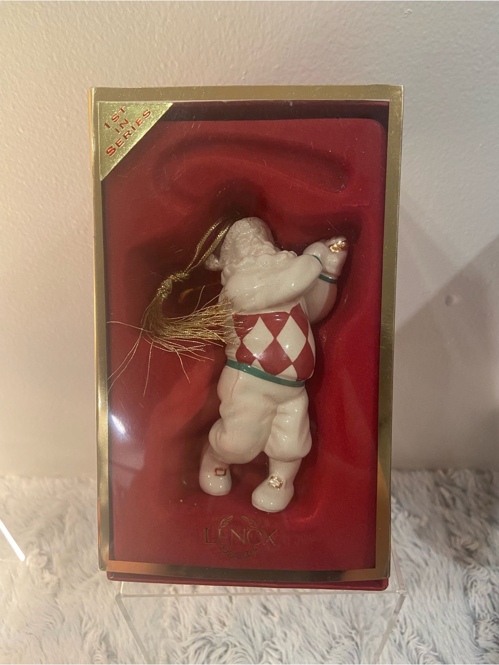 Lenox White, Red and Gold Harlequin Santa Ornament